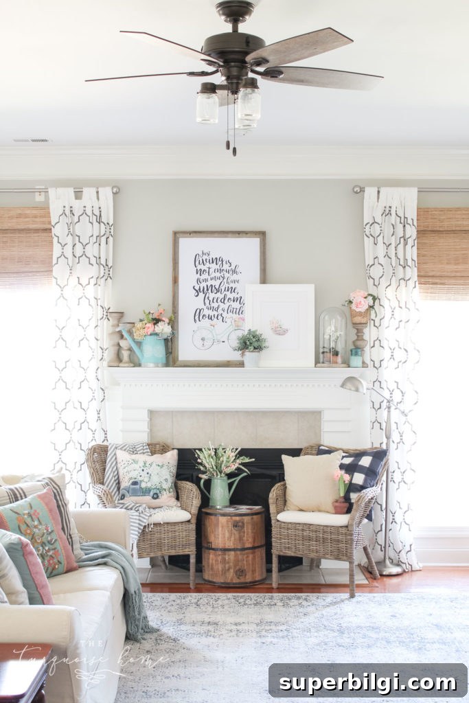 Flower Shop-Inspired Spring Home Tour and Decor Ideas 6 Flower Shop Spring Mantel - adorable use of faux botanicals!