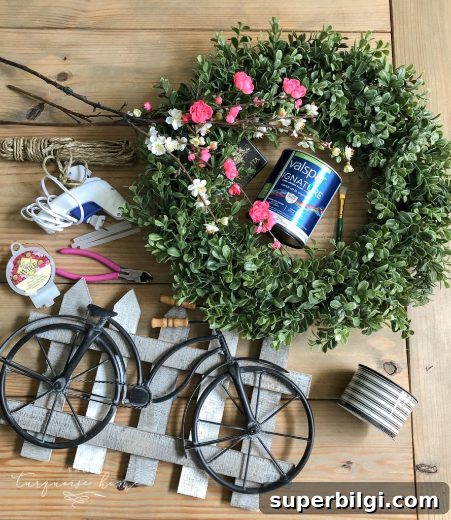 DIY Boxwood Bicycle Wheel Spring Wreath 3 DIY Boxwood and Bicycle Spring Wreath - supplies to make the wreath