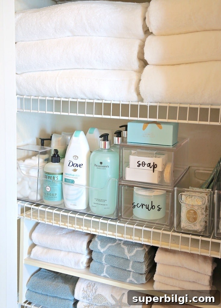 Linen Closet Organization: Smart Storage Tips and Ideas 11 The Creativity Exchange did a fantastic job putting together an organized linen closet. To make your linen closet look this nice, you'll need a lidded plastic bin as well as some bins without lids. And those labels are so cute!