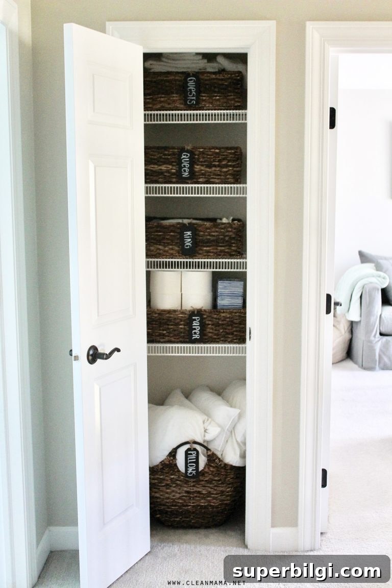Linen Closet Organization: Smart Storage Tips and Ideas 13 A simple and pretty way to organize a linen closet from Clean Mama shows just how much of a difference a basket (or several!) can make.