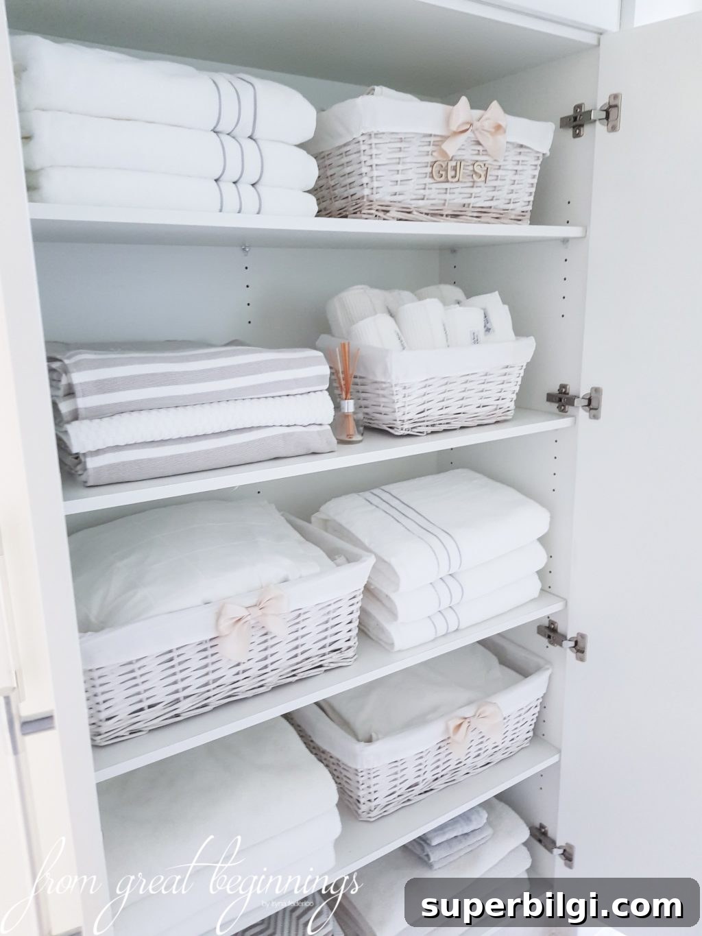 Linen Closet Organization: Smart Storage Tips and Ideas 15 There is something about this linen closet organization project from the blog From Great Beginnings that reminds me like a spa. Grab baskets like the one she uses and put everything up neatly.