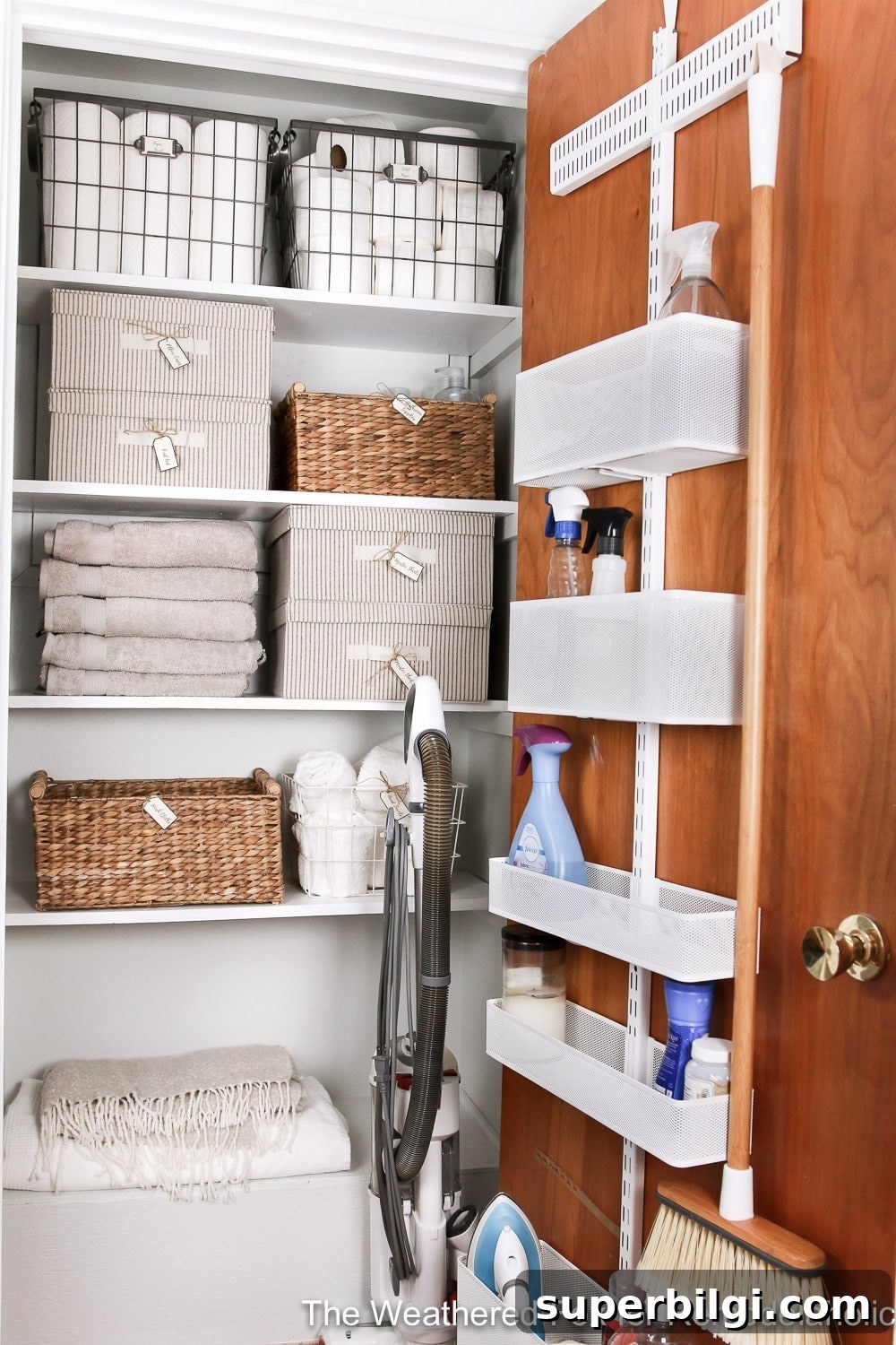 Linen Closet Organization: Smart Storage Tips and Ideas 16 Last, but certainly not least is this beautiful linen closet from the blog Remodelaholic is filled with bins and boxes neatly labeled which I love. Plus, I really want to order a back of the door organizer with adjustable shelves like this one now!