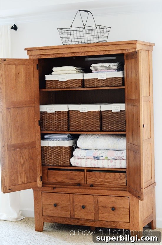 Linen Closet Organization: Smart Storage Tips and Ideas 4 Top Linen Organization tips from A Bowl Full of Lemons | large armoire used as a linen closet