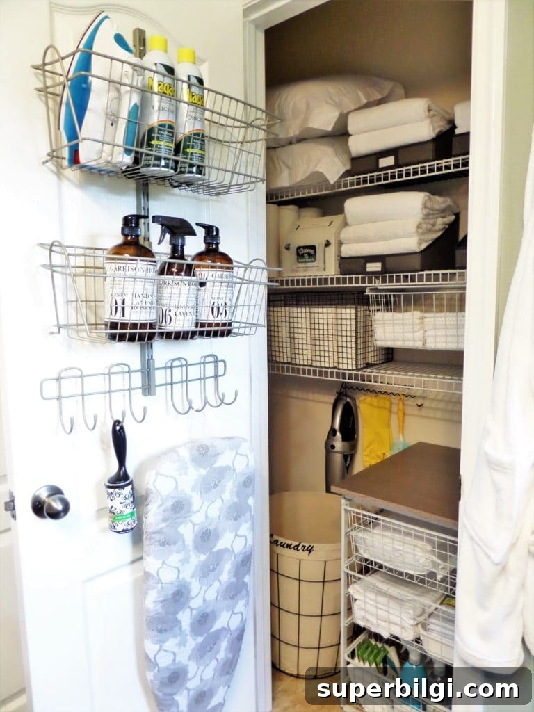 Linen Closet Organization: Smart Storage Tips and Ideas 8 A great linen closet organization project if you have a lot of cleaning supplies along with linens to store in a small space from Be My Guest With Denise.