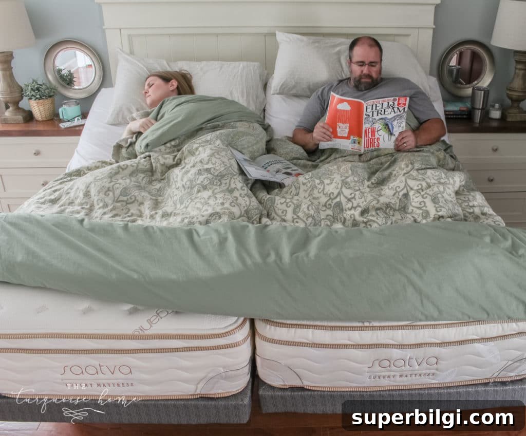 Sleeping in Separate Beds: Benefits and Saatva Mattress Review 6 Two twin mattresses with adjustable bases showing reduced motion transfer