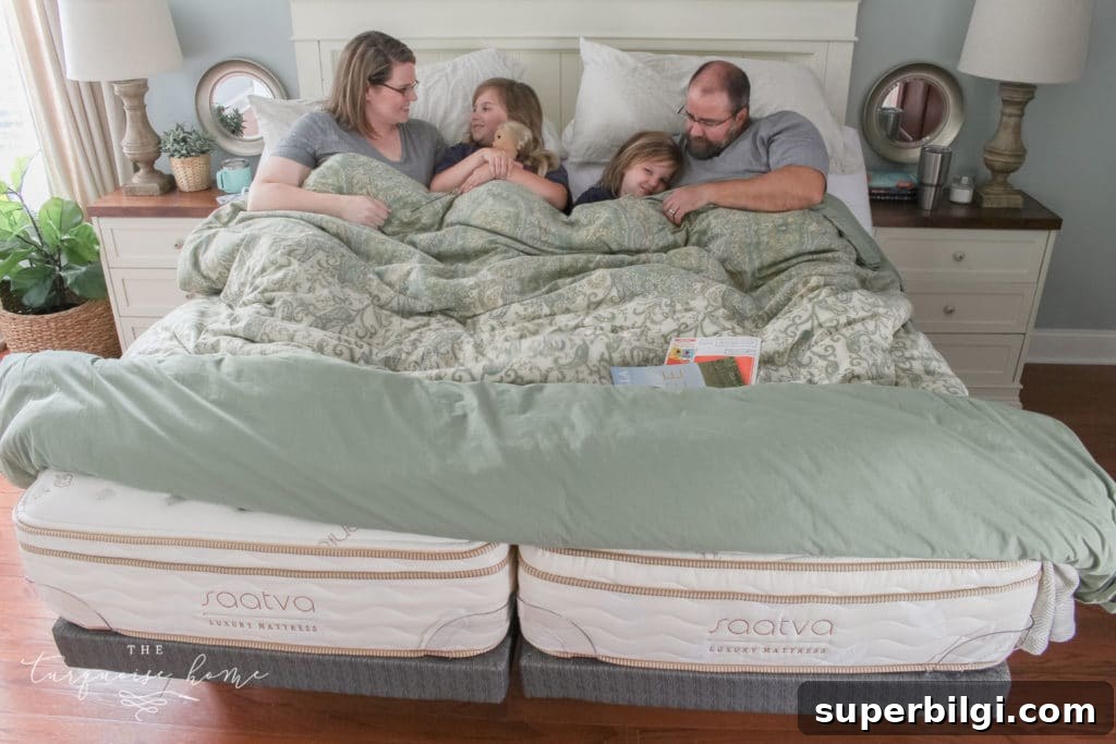 Sleeping in Separate Beds: Benefits and Saatva Mattress Review 7 Kids on the bed; mattresses can separate when kids play but it's easy to fix