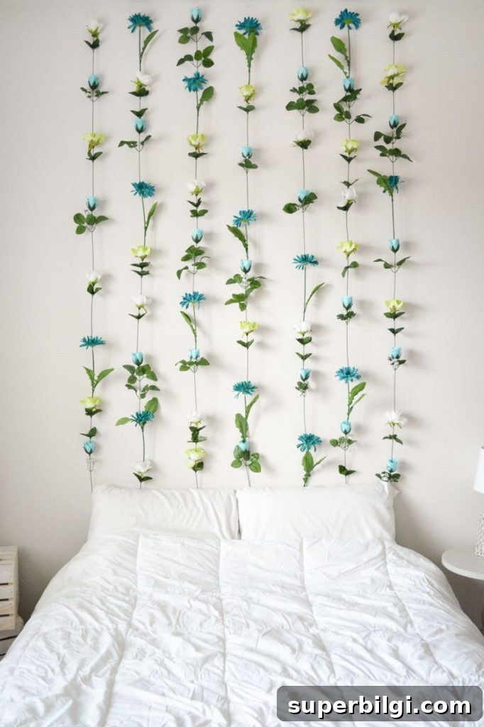 How to Make a Headboard: 13 DIY Ideas to Build Your Own 12 How to make a headboard: 13 Beautiful DIY Headboard Ideas - Make a quick headboard from handing flowers from the ceiling!