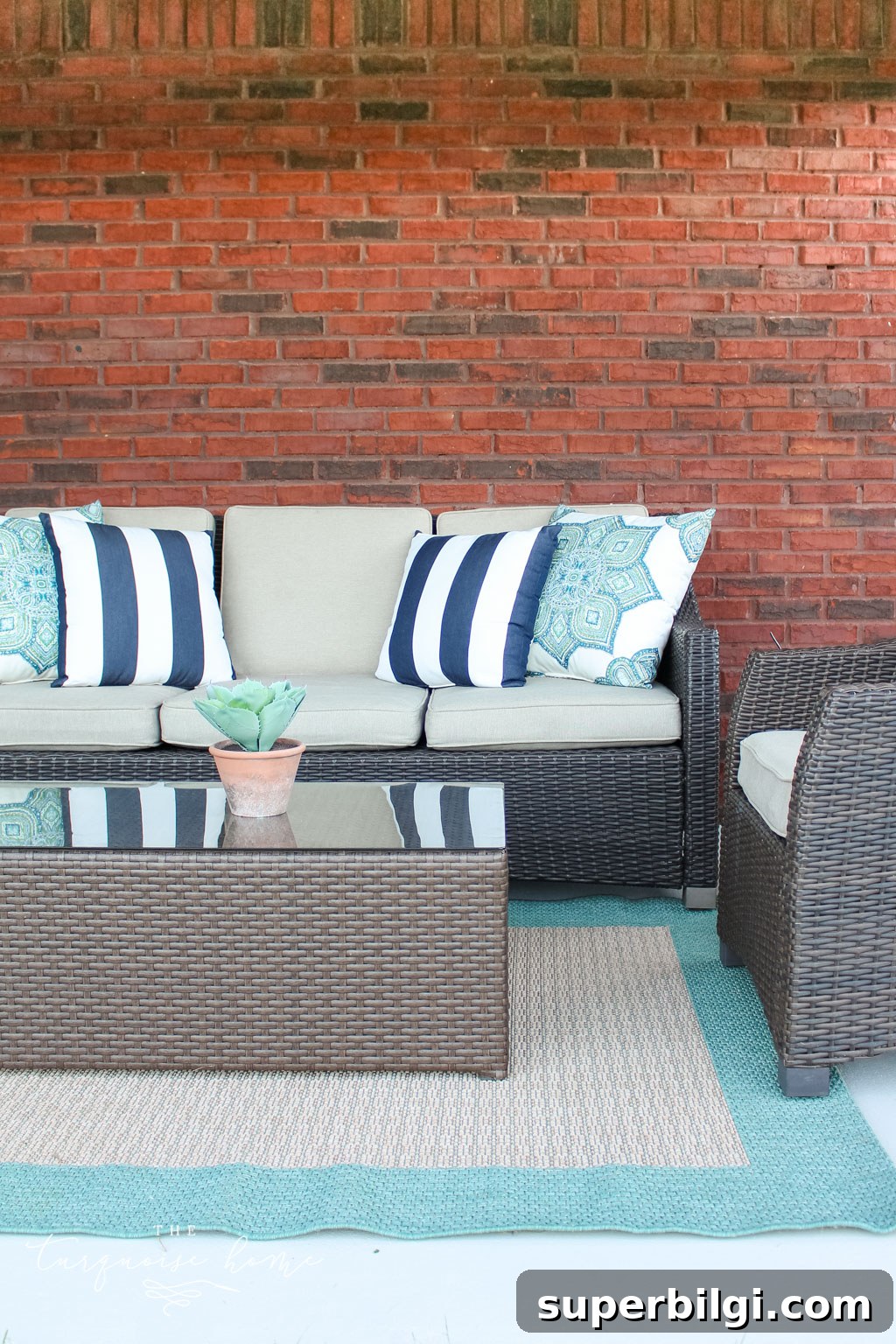Paint Your Concrete Patio: Prep, Tools and Sealing Tips 9 How to Paint a Concrete Patio - finished porch with furniture and rug