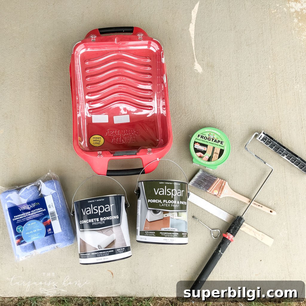 Paint Your Concrete Patio: Prep, Tools and Sealing Tips 4 How to Paint a Concrete Patio - supplies you will need: paint roller, paint tray, porch paint, painter's tape