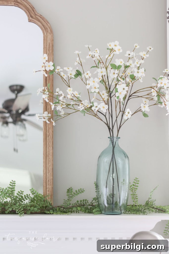 A Simple Summer Mantel -->> faux dogwood stems