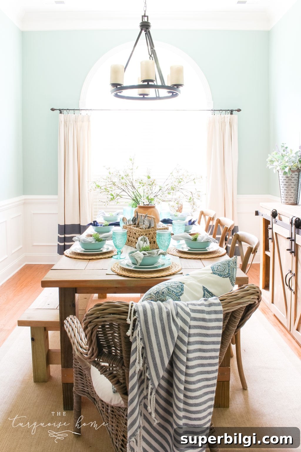 Summer Dining Room Decor Ideas for a Fresh Look 4 a Simple Summer Dining Room Tour - with turquoise plates and a gorgeous farmhouse table