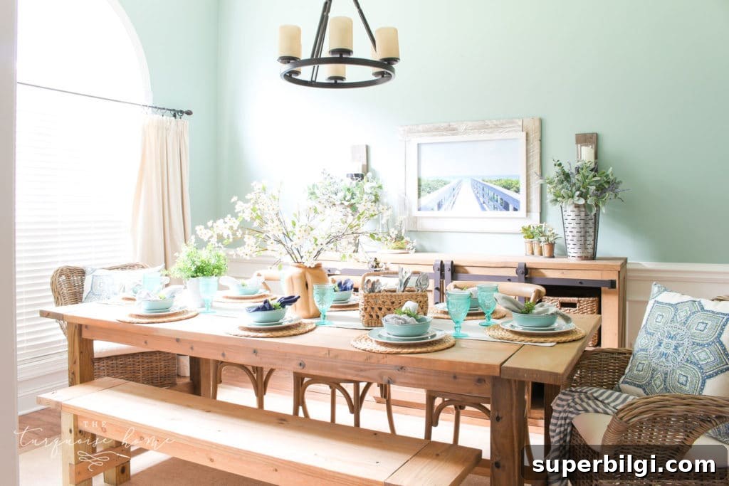 Summer Dining Room Decor Ideas for a Fresh Look 9 a Simple Summer Dining Room Tour - with turquoise plates and a gorgeous farmhouse table