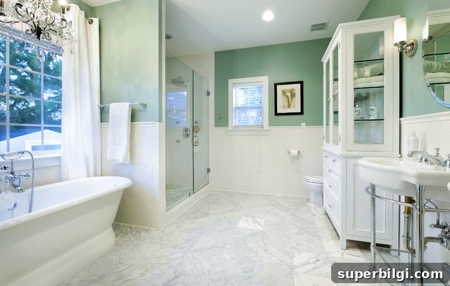 Benjamin Moore Wythe Blue (HC-143) Paint Review and Room Photos 9 Wythe Blue painted walls with marble floors.