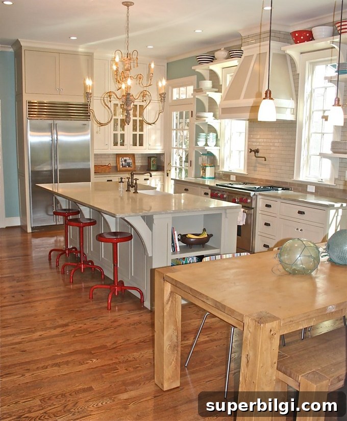 Benjamin Moore Wythe Blue (HC-143) Paint Review and Room Photos 10 Wythe Blue kitchen with pops of red.