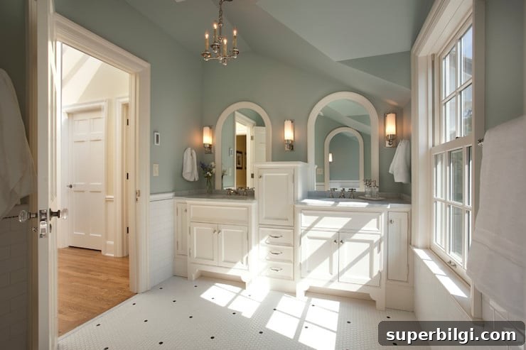 Benjamin Moore Wythe Blue (HC-143) Paint Review and Room Photos 8 Wythe Blue bathroom with white custom cabinets and arched mirrors.