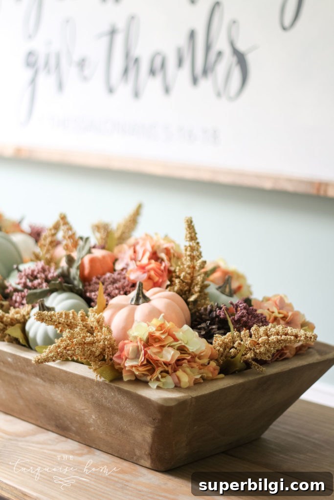 DIY Rustic Dough Bowl Centerpiece for Fall 8 DIY Pumpkin & Dough Bowl Floral Fall Centerpiece - full tutorial
