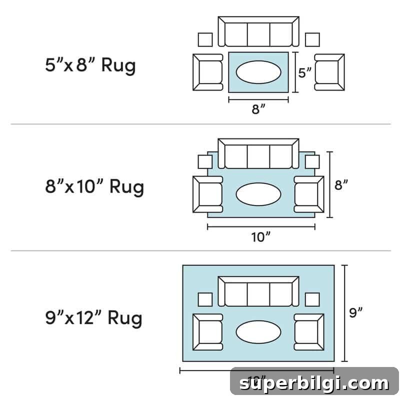 Living Room Decor Ideas to Transform Your Space 5 Area rug size chart for living rooms showing recommended furniture placement for 5x8, 8x10, and 9x12 rugs.