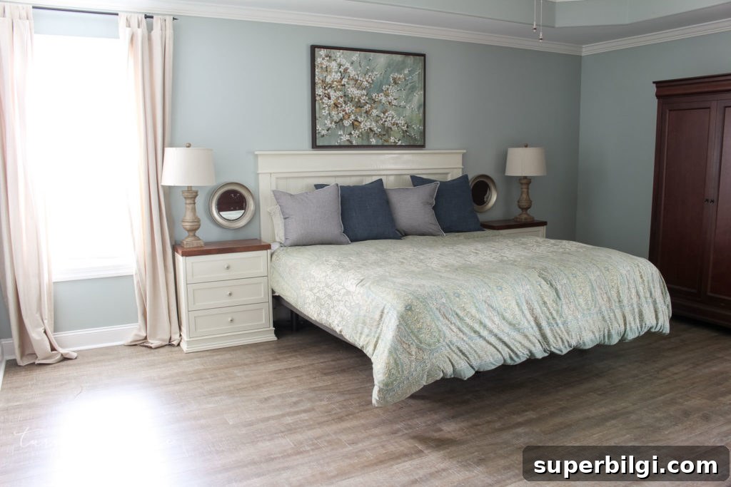 How to Choose the Right Rug Size for Your Bedroom 3 Master Bedroom without a rug under the bed, LVP floors, CoreTEC Boardwalk Oak, Farmhouse-style master bedroom