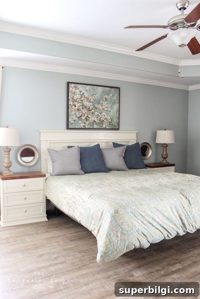 How to Choose the Right Rug Size for Your Bedroom 4 Master Bedroom without a rug under the bed, LVP floors, CoreTEC Boardwalk Oak, Farmhouse-style master bedroom