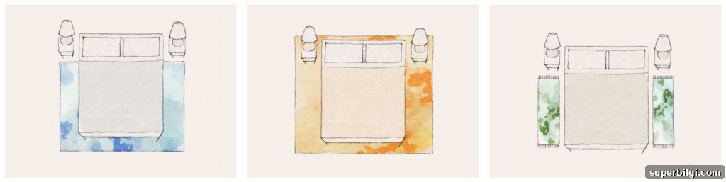How to Choose the Right Rug Size for Your Bedroom 7 Where to place a rug under a bed. Rug placement under the bed.
