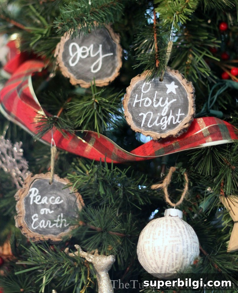 Assorted ornaments on tree