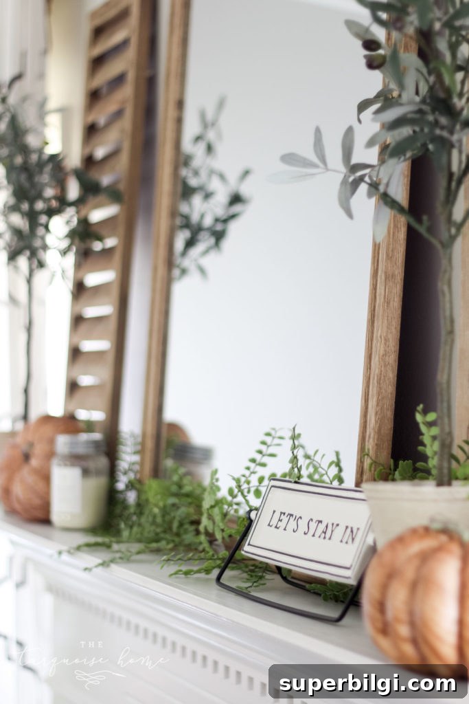 Neutral Fall Mantel Ideas for a Cozy, Timeless Look 4 Shutter and olive tree with