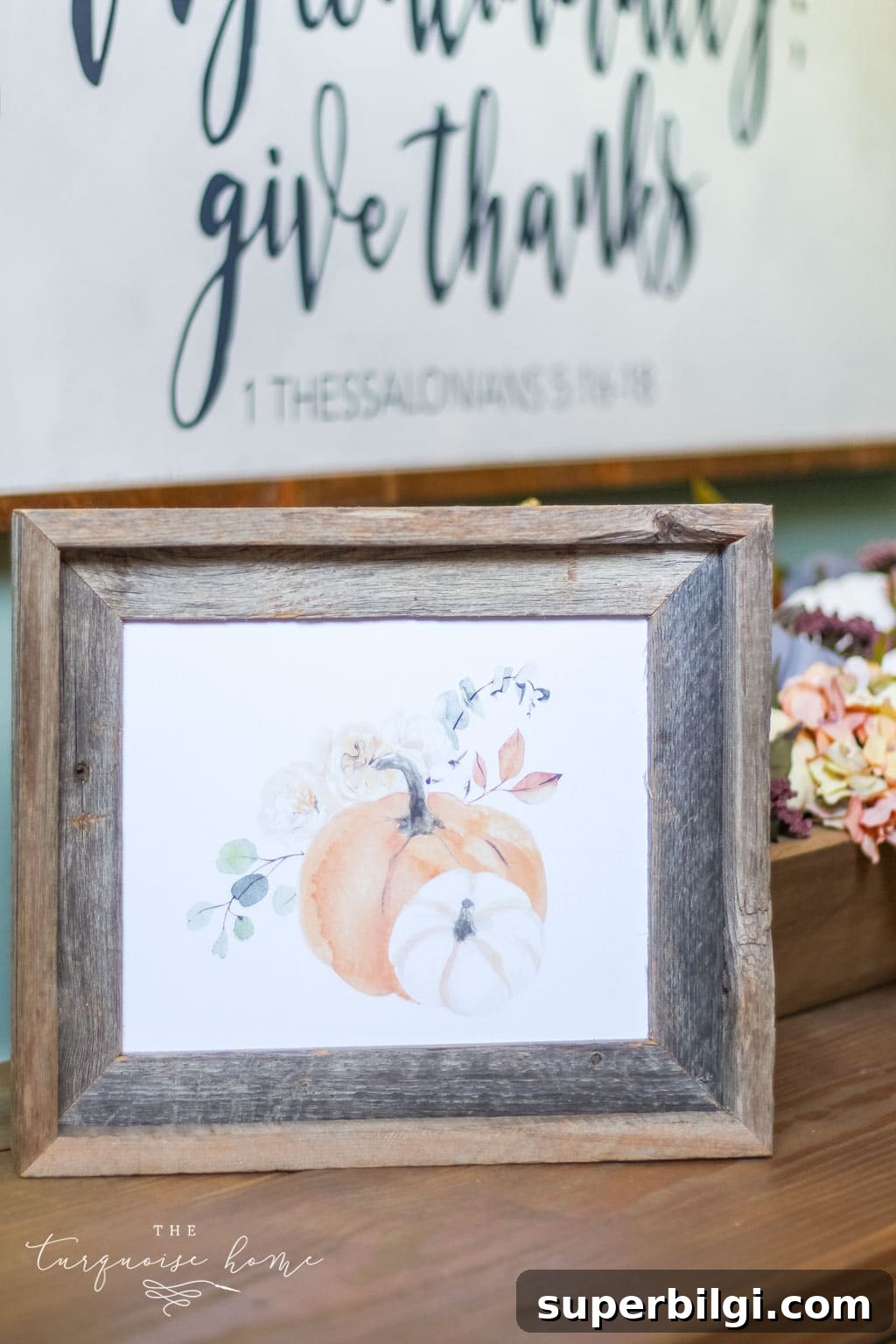 Orange Pumpkin Watercolor with centerpiece. Fall Floral Free Printable Decor.