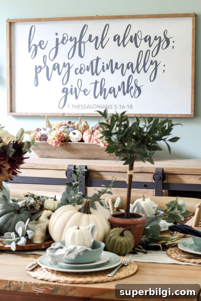 Pumpkins and Greenery Fall Tablescape Ideas 5 Pumpkins and Greenery Fall Tablescape with bay leaves in a pot and fall floral arrangement.