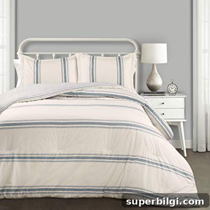 Farmhouse Bedding Ideas to Refresh Your Bedroom 15 Striped 3-Piece Comforter Set | farmhouse bedding
