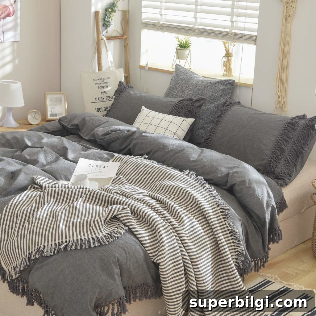 Farmhouse Bedding Ideas to Refresh Your Bedroom 16 Gray Fringed Bedding | farmhouse bedding