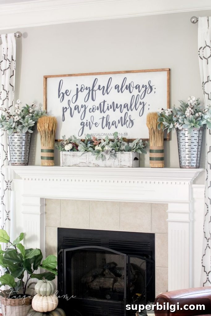 Beautiful fall mantel with a large wooden sign and bundles of wheat