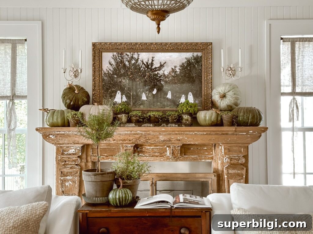 Pumpkin and plant fall mantel