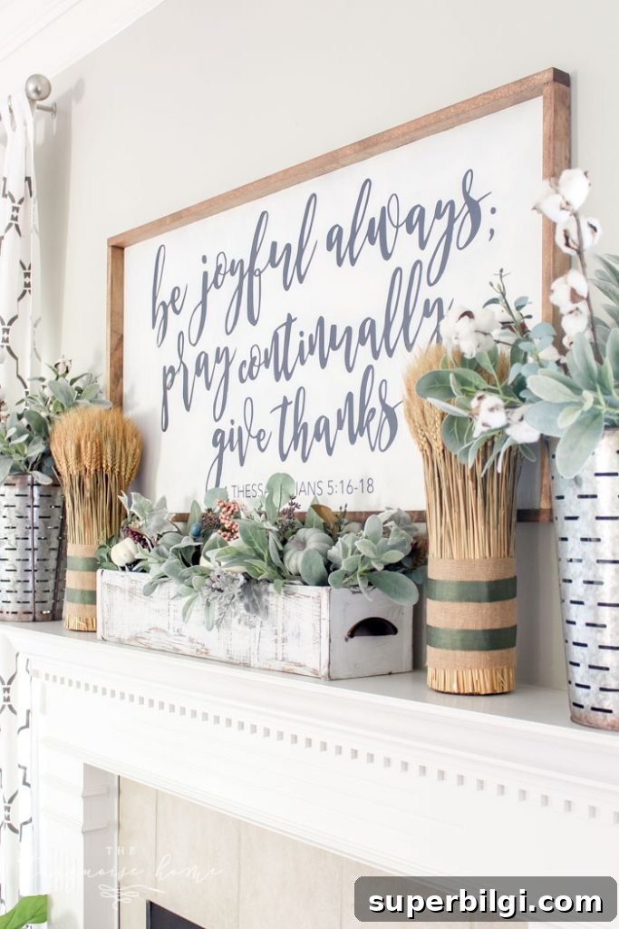 Simple fall mantel with wheat bundles and a DIY large sign