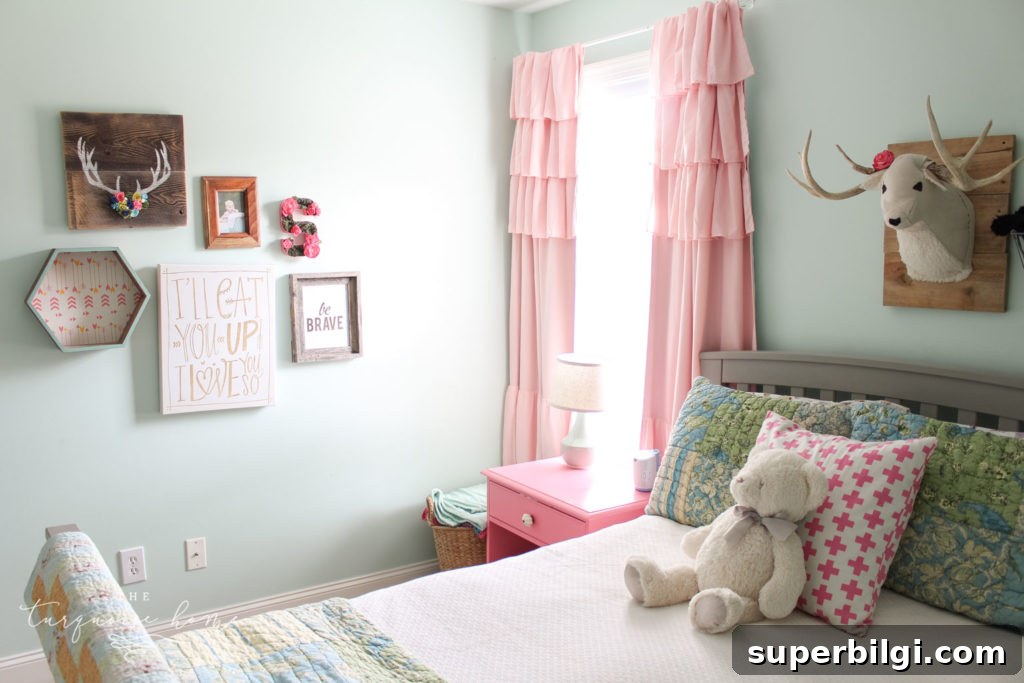 Girls' Bedroom Decor Ideas: Chic and Creative Looks 9 Rooms decor ideas for girls | girls bedroom ideas | turquoise and pink girls bedroom decor - Pink ruffled black out curtains