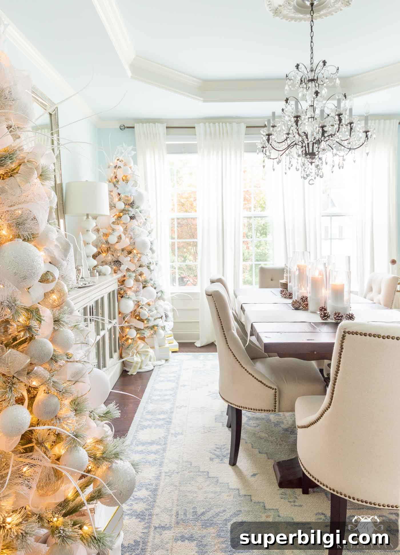 Christmas Color Palette Ideas That Avoid Red 3 dining room dressed in winter whites by Kelley Nan.
