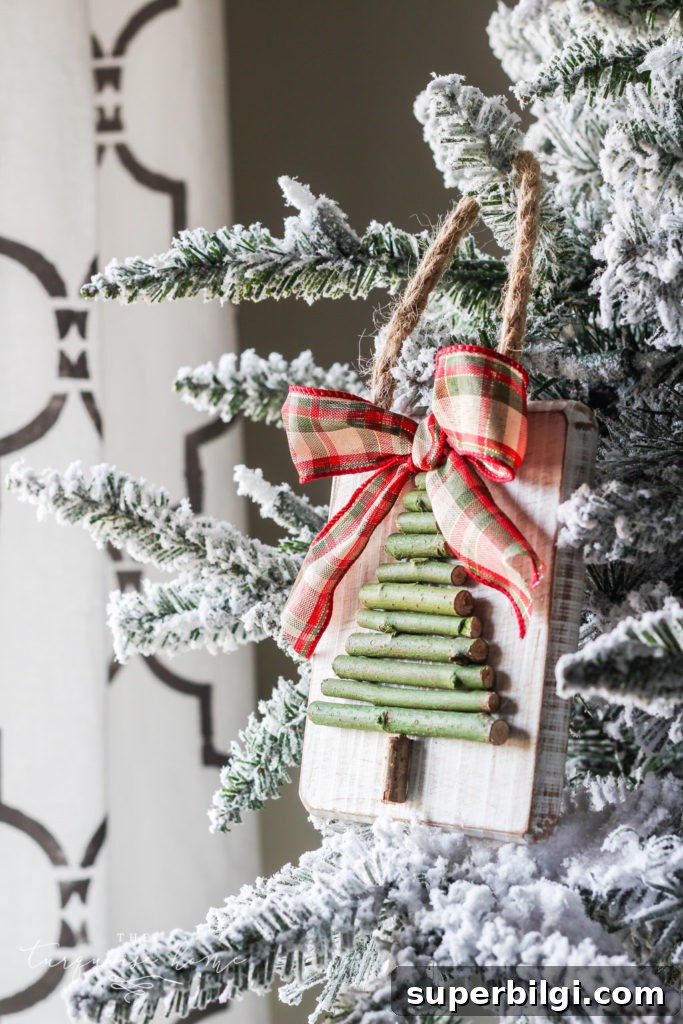 Finished DIY twig Christmas tree ornament with embellishments