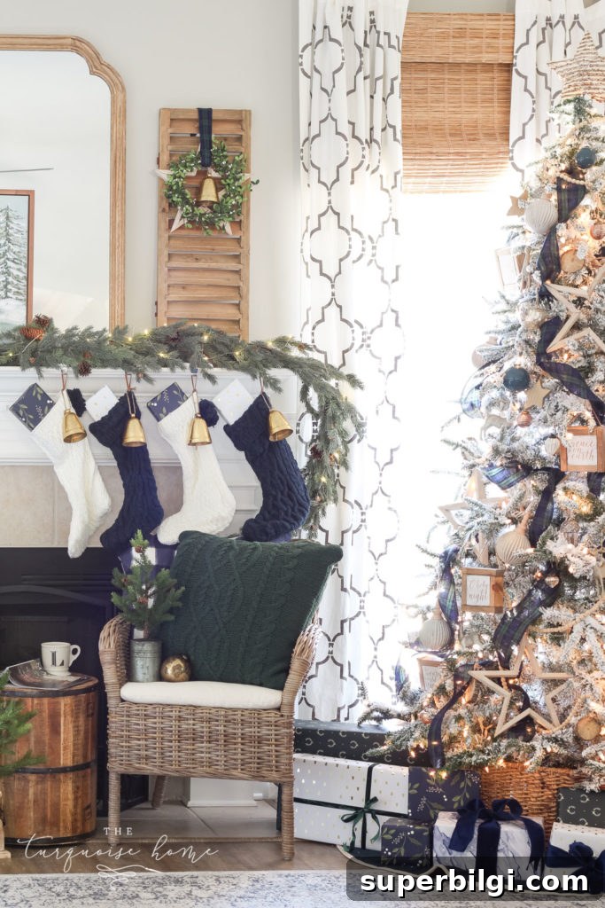 Minimalist Christmas Mantel Decorating Ideas 11 Green and Navy Simple Christmas Mantel - sneak peek of my flocked Christmas tree