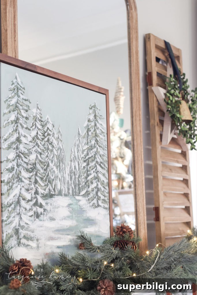 Minimalist Christmas Mantel Decorating Ideas 3 Green and Navy Simple Christmas Mantel - large mirror and shutters