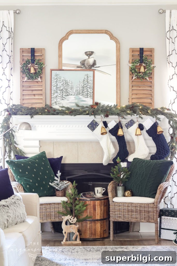 Minimalist Christmas Mantel Decorating Ideas 5 Green and Navy Simple Christmas Mantel - wicker chairs flanking a mantel