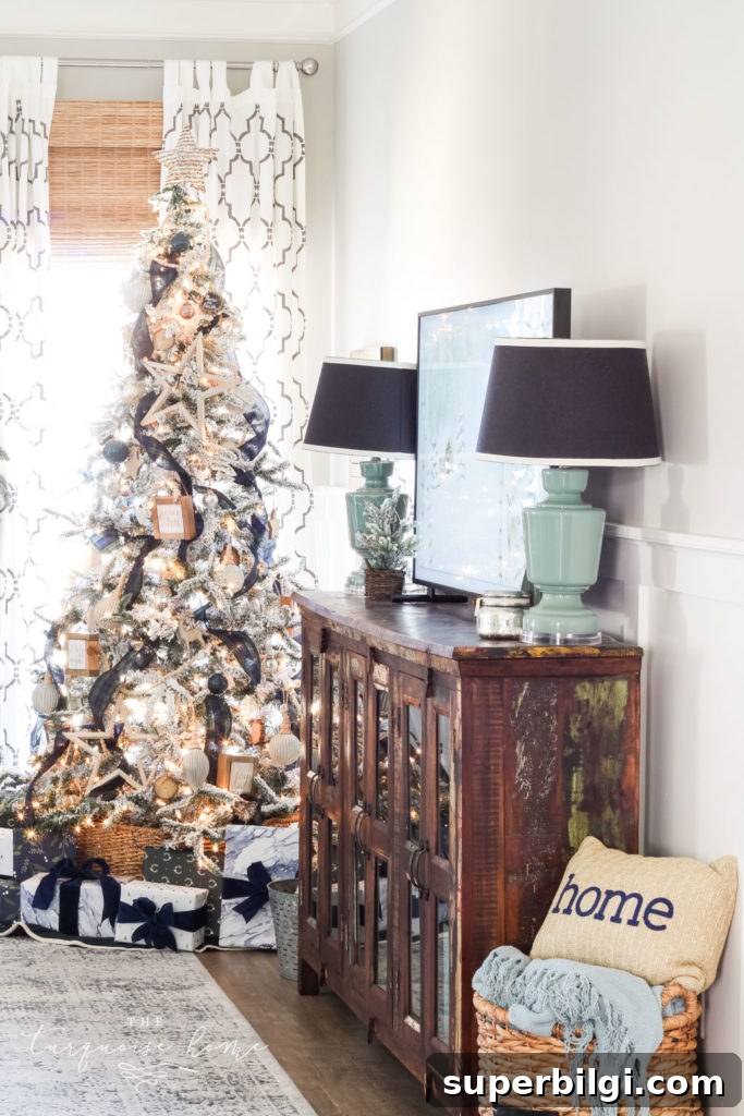 Classic, simple Christmas living room | flocked tree