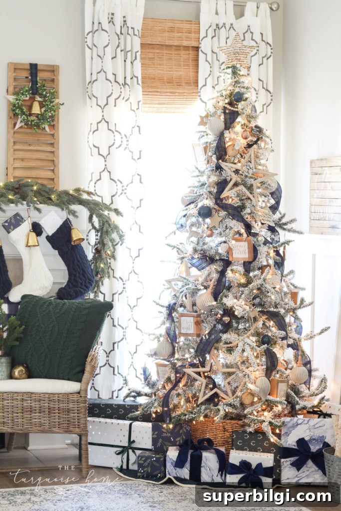 Flocked Plaid Christmas Tree Decorating Ideas 2 Flocked Green and Navy Plaid Christmas Tree with a Basket Tree Collar