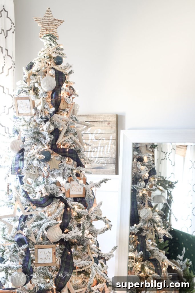 Flocked Plaid Christmas Tree Decorating Ideas 4 Flocked Green and Navy Plaid Christmas Tree with neutral ornaments