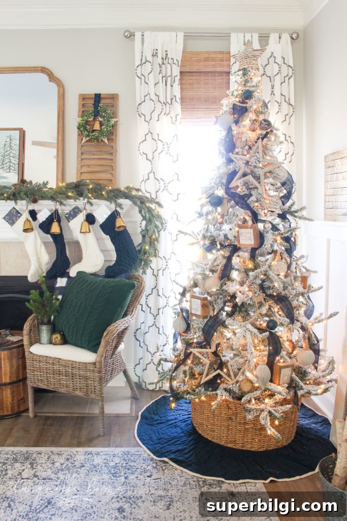 Flocked Plaid Christmas Tree Decorating Ideas 6 Pretty Christmas tree with flocking and neutral ornaments and navy and green decor!