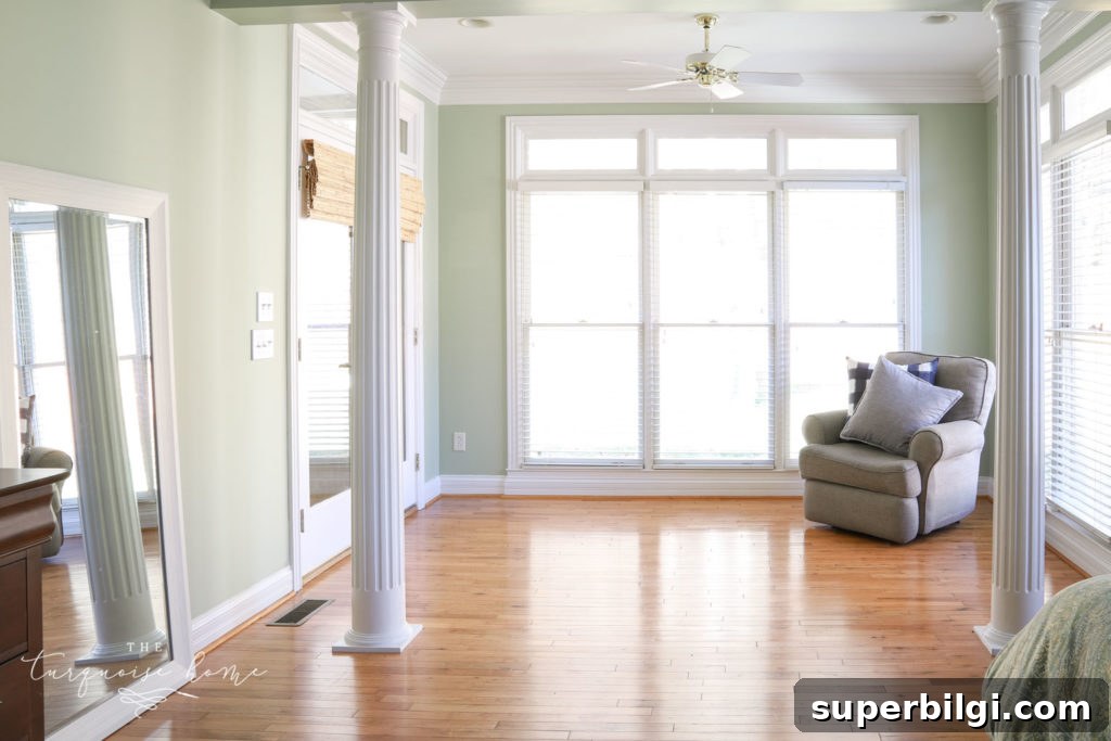 Our New Home Tour: Design, Layout and Renovation Details 17 Master bedroom sitting area with columns.