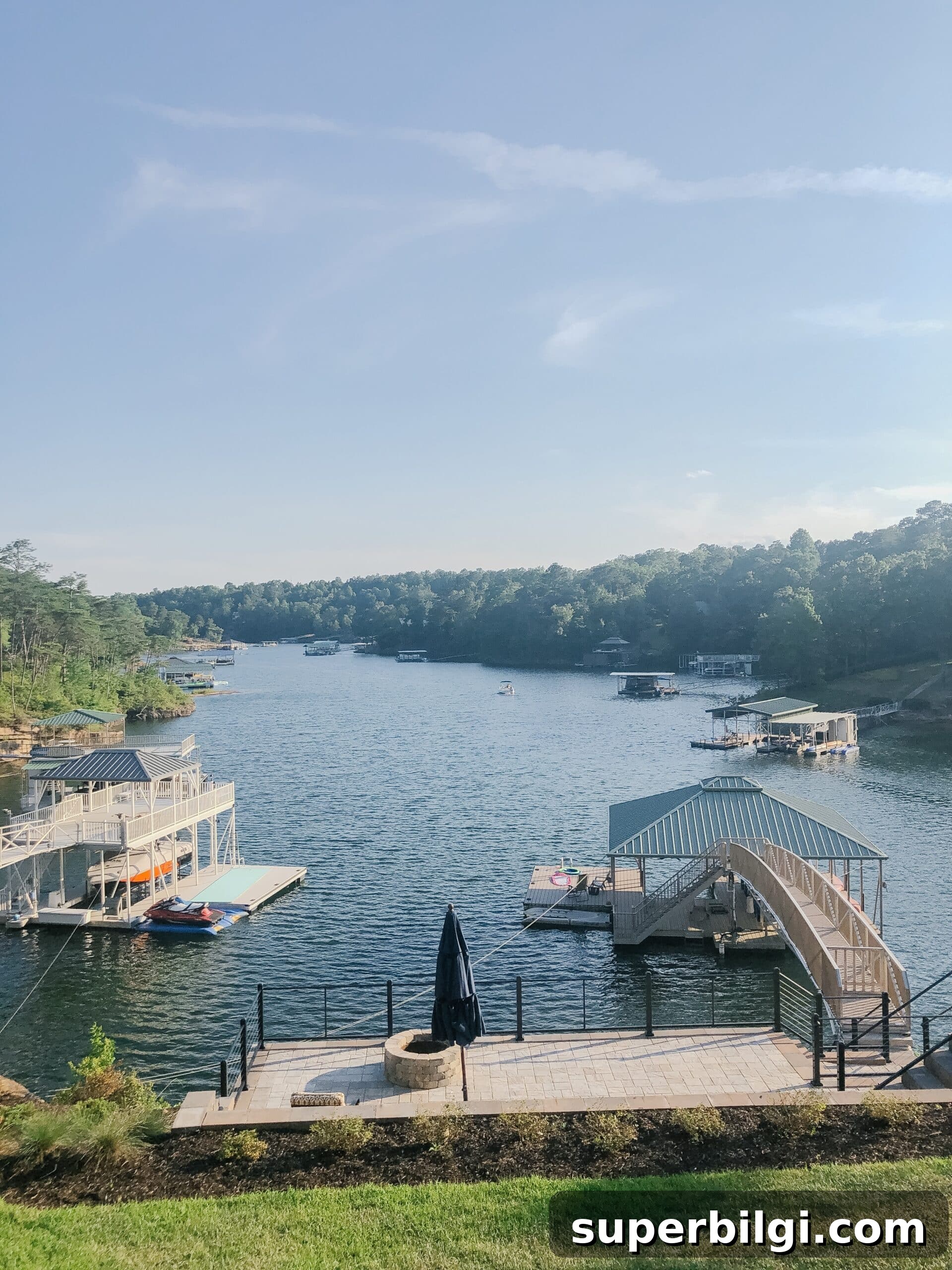 view from lake house overlooking the dock