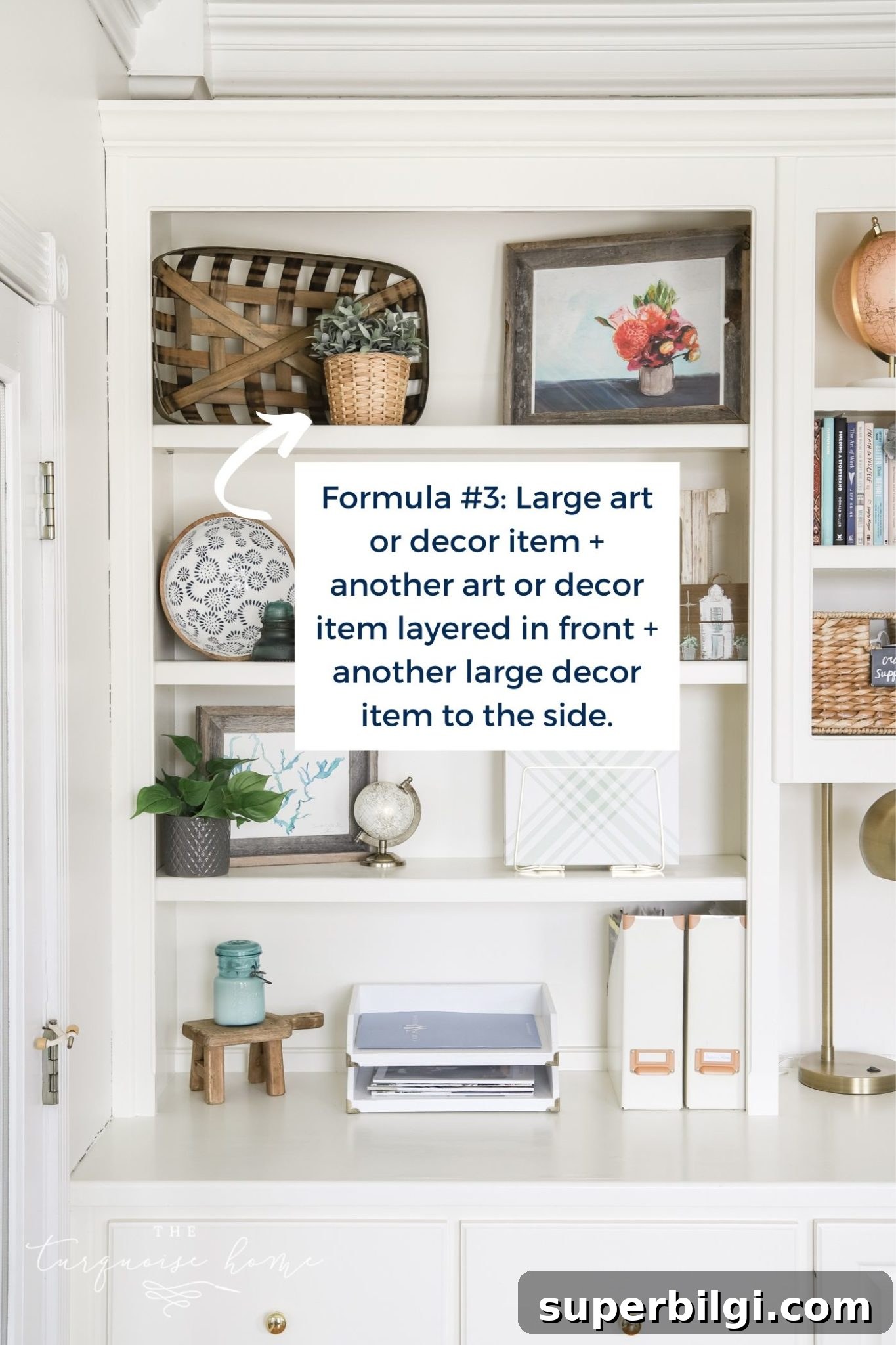 White built-in bookshelves with styling formulas