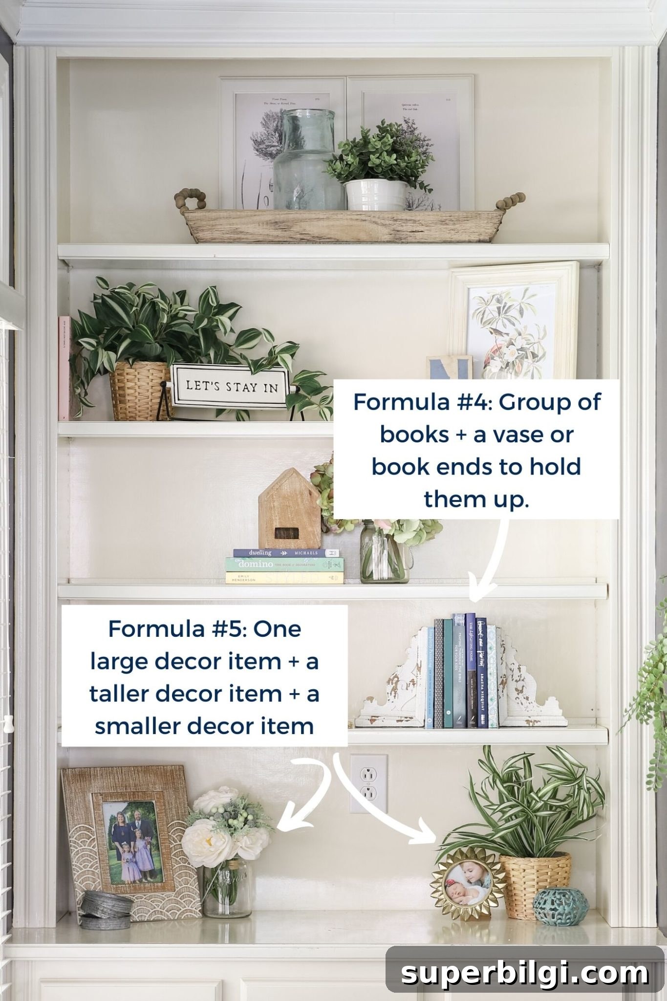White built-in bookshelves with beautiful decor: greenery, art & books - using easy style formulas