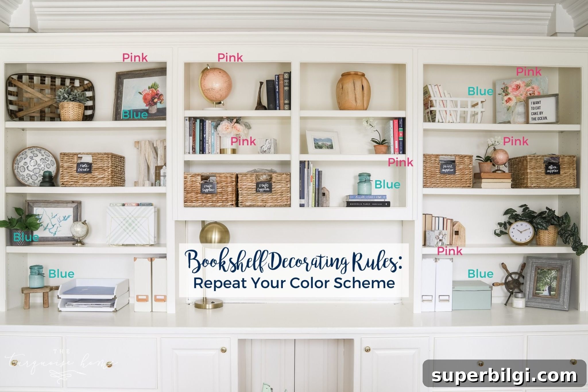 White built-in bookshelves with pink and blue decor | How to Decorate a Bookshelf