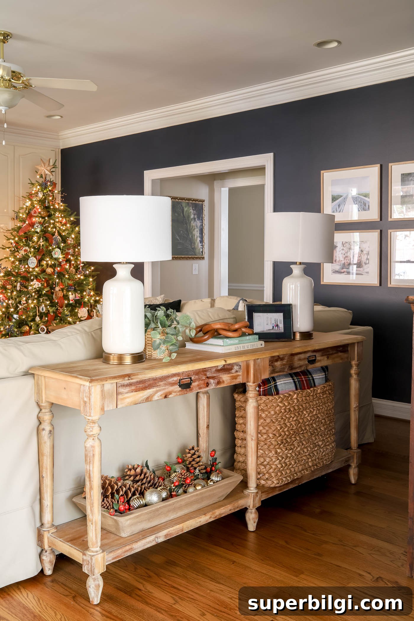 4 Console Table Ideas for Behind Your Sofa 3 plaid christmas console table in living room.