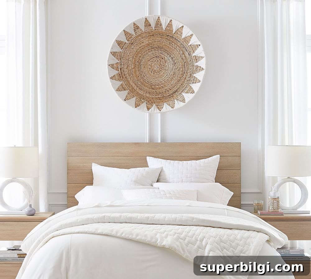 a woven basket hanging on the wall above a bed
